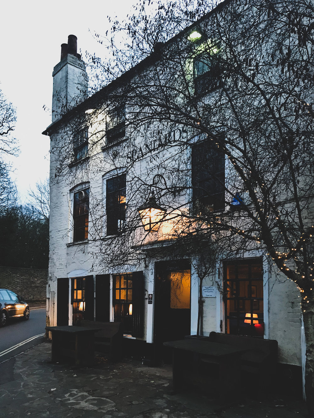 a wintery spaniards inn, north london