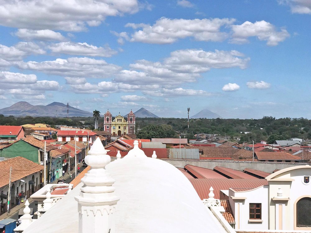 volcanoes and view of Leon on the Cathedral rooftop