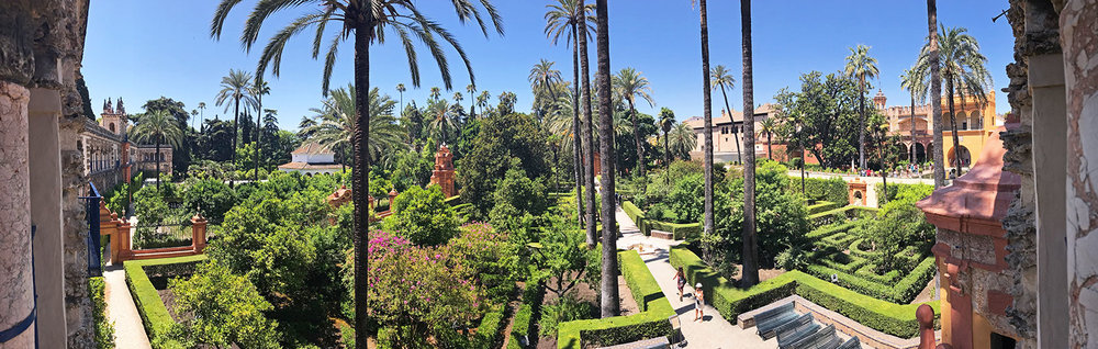 Views of the garden from the Grotto Gallery, Alcázar, Seville, Spain
