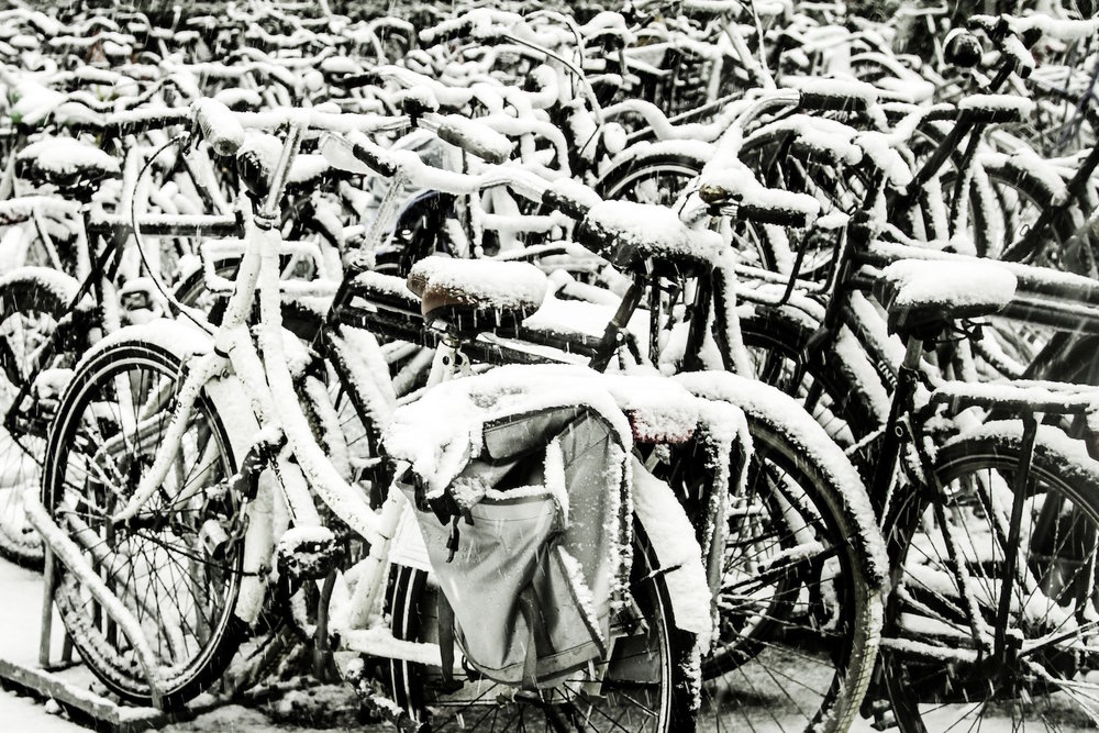 bikes after a heavy snow in Amsterdam